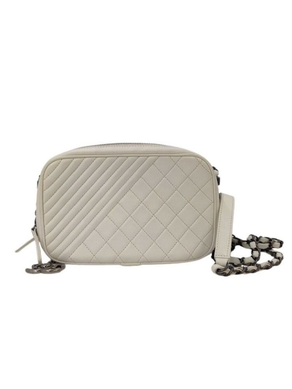 Chanel Shoulder Bag Boy White Lambskin Quilted CC Logo Chain Gunmetal Coco